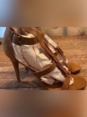 Brand New Suede Fringe Ankle-Strap High Heel Sandals - Tan (Size 9)
